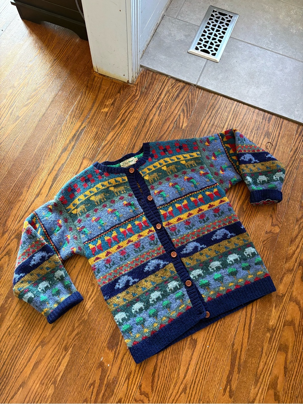 LL Bean Multicolor Patterned Wool Cardigan Sweater - Navy Trim
